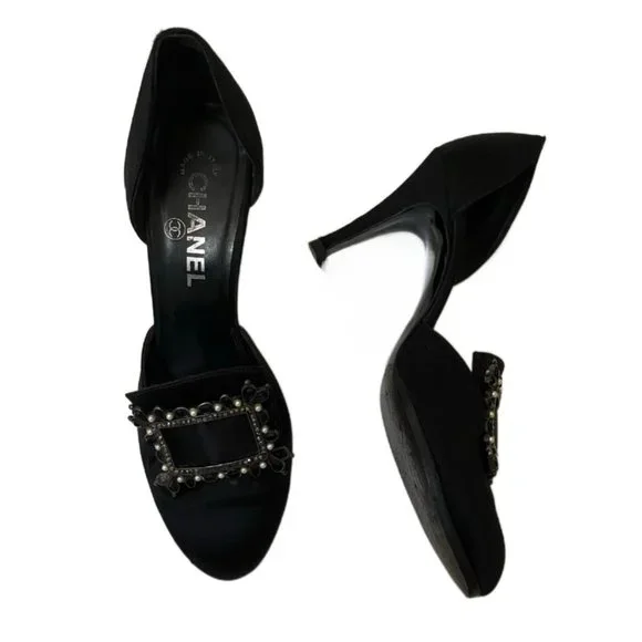 Chanel Black Satin 3.5" heels Gemstone buckle Size 36.5 (US size 6) - Picture 1 of 14